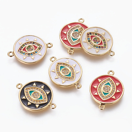 Arricraft Brass Enamel Links, with Cubic Zirconia, Flat Round with Evil Eye, Golden, Mixed Color, 20x15x1.5mm, Hole: 1.2mm