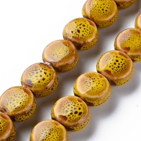 ARRICRAFT Handmade Porcelain Ceramic Beads Strands, Famille Rose Style, Flat Round, Goldenrod, 12x7mm, Hole: 2mm, about 28~29pcs/strand, 12.28~12.72 inch(31.2~32.3cm)