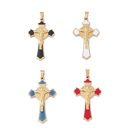 Honeyhandy Easter Theme Vacuum Plating 304 Stainless Steel Enamel Pendants, Crucifix Cross, Mixed Color, 45x25.5x4.5mm, Hole: 6.5x3.2mm