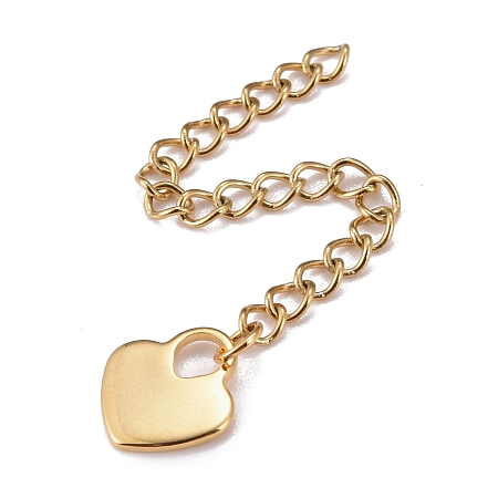Honeyhandy 304 Stainless Steel Chain Extender, Curb Chain, with 202 Stainless Steel Charms, Heart, Golden, 59~65mm, Link: 3.7x3x0.5mm, Heart: 9.8x11x1mm