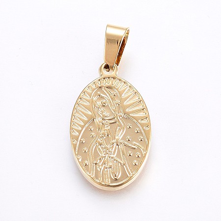 Honeyhandy 304 Stainless Steel Pendants, Oval with Virgin Mary, Golden, 23x14x2.5mm, Hole: 7x4mm