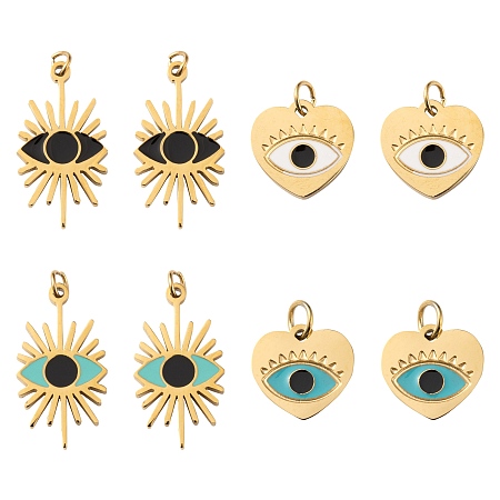 ARRICRAFT 8Pcs 4 Style 316 Surgical Stainless Steel Enamel Pendants, with Jump Rings, Real 14K Gold Plated, Evil Eye & Heart with Evil Eye, Mixed Color, 9.5~16.5x9~10x1mm, Jump Ring: 2.7x0.4mm, Inner Diameter: 1.9mm, 2pcs/style