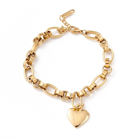 Honeyhandy 201 Stainless Steel Heart Charm Bracelet for Women, Golden, 7-3/8 inch(18.6cm)