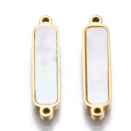 Honeyhandy 304 Stainless Steel Links Connectors, with Shell, Rectangle, Seashell Color, Real 14K Gold Plated, 18x4x1.5mm, Hole: 0.9mm