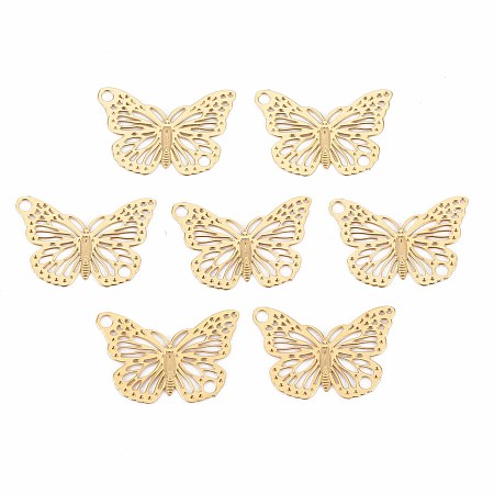 Honeyhandy Rack Plating 304 Stainless Steel Filigree Connerctor Charms, Etched Metal Embellishments, Nickel Free, Butterfly, Real 18K Gold Plated, 12x18x0.4mm, Hole: 1.5mm