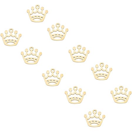 UNICRAFTALE 10pcs Crown Charm Golden Metal Hollow Pendant Stainless Steel Charm Hypoallergenic Charm Flat Pendant for DIY Jewelry Findings Making 15mm