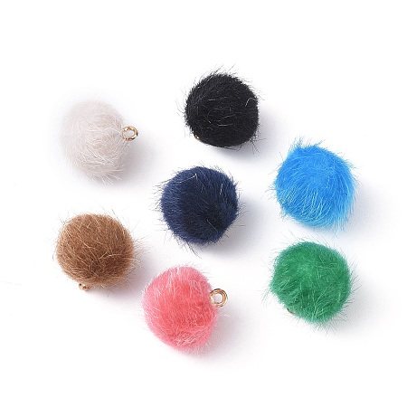 Handmade Faux Mink Fur Covered Pendants, with Alloy Findings, Round, Golden, Mixed Color, 16~17x13.5~14mm, Hole: 1.5mm; 7colors, 10pcs/color, 70pcs/set