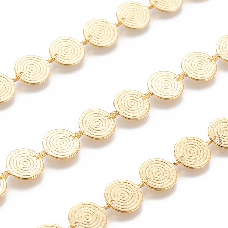 ARRICRAFT Brass Handmade Beaded Chains,  Link Chain, Long-Lasting Plated, Soldered, with Spool, Flat Round, Real 18K Gold Plated, Link: 10x8x0.5mm, about 3.28 Feet(1m)/roll