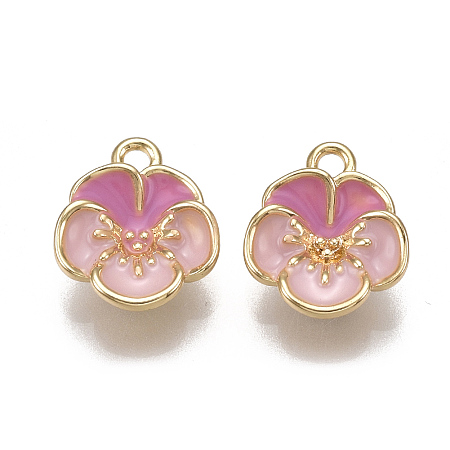 Honeyhandy Brass Enamel Charms, Nickel Free, Real 18K Gold Plated, Flower, Pink, 12x10.5x4mm, Hole: 1.5mm