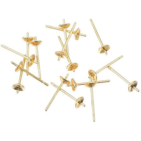 UNICRAFTALE 20pcs Stainless Steel Post Stud Earring Settings Golden Ear Stud Components Earring Making Findings for Half Drilled Bead 13.5x4mm