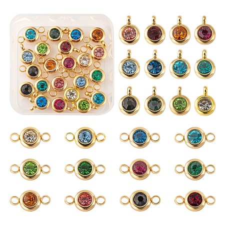 ARRICRAFT 24Pcs 12 Colors 304 Stainless Steel Rhinestone Charms & Links connectors, Birthstone Charms, Flat Round, Mixed Color, 9.3x6.5x4mm, Hole: 2mm, 12x6.5x4mm, Hole: 2mm