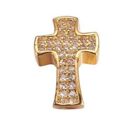 NBEADS 10PCS Brass Cubic Zirconia Beads Gold Cross Beads Charm Fit for European Bracelet and Necklace,14x9x4mm