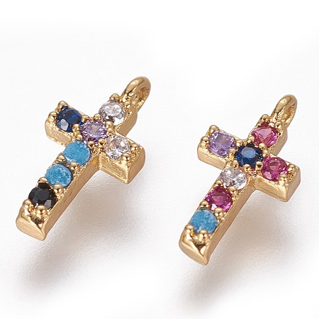 Honeyhandy Brass Micro Pave Cubic Zirconia Tiny Cross Charms, Golden, Colorful, 10x4.5x2mm, Hole: 1mm