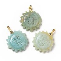 Natural Flower Amazonite Pendants, with Golden Tone Brass Findings, Lead Free & Cadmium Free, Sun with Smiling Face, 42x34~35x10.5mm, Hole: 3.8x5mm