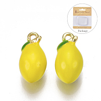 Honeyhandy Brass Charms, with Enamel, Lemon, Nickel Free, Real 18K Gold Plated, Gold, 13x7mm, Hole: 1.2mm