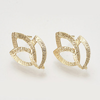 Brass Ear Stud Findings, with Loop, Leaf, Nickel Free, Real 18K Gold Plated, 22x14.5mm, Hole: 2mm; Pin: 0.8mm