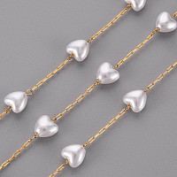 Honeyhandy 3.28 Feet Handmade ABS Plastic Imitation Pearl Beaded Chains, with 304 Stainless Steel Paperclip Chains, Drawn Elongated Cable Chains and Spool, Soldered, Heart, Real 18K Gold Plated, Link: 2.5x1x0.2mm, Heart: 6x6x4mm