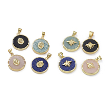 Honeyhandy Natural Mixed Stone Pendants, with Golden Plated Brass Findings, Flat Round, 21.5x18x5mm, Hole: 4x3.5mm