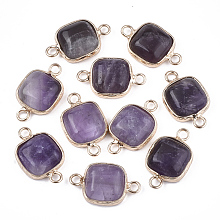 Honeyhandy Natural Amethyst Links connectors, with Brass Findings, Square, Golden, 21x13x5~5.5mm, Hole: 2.5mm