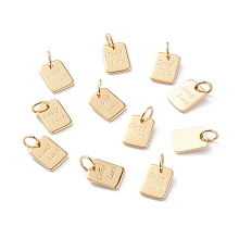 Honeyhandy Brass Charms, with Jump Rings, Long-Lasting Plated, Rectangle with Word Good Luck, Real 18K Gold Plated, 9x7x1mm, Jump Ring: 5x1mm, Inner Diameter: 3mm