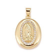 Honeyhandy Brass Micro Pave Cubic Zirconia Locket Pendants, Photo Frame Charms for Necklaces, Real 18K Gold Plated, Lead Free & Cadmium Free, Oval with Saint, Clear, 22.5x17x5mm, Hole: 4x3mm, Inner Diameter: 15x12mm