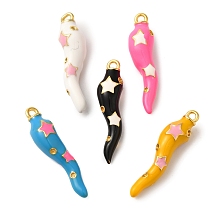 Rack Plating Brass Enamel Pendants, Cadmium Free & Lead Free, Long-Lasting Plated, Horn of Plenty/Italian Horn Cornicello with Star Charm, Real 18K Gold Plated, Mixed Color, 27x6.5mm, Hole: 1.6mm