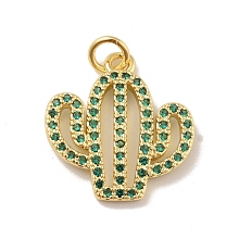 Honeyhandy Brass Micro Pave Cubic Zirconia Pendants, with Jump Ring, Cadmium Free & Lead Free, Long-Lasting Plated, Cactus, Green, Real 18K Gold Plated, 18.5x17x2mm, Jump Ring: 5x1mm, 3mm Inner Diameter