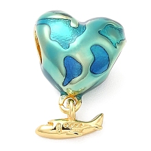 Honeyhandy Rack Plating Brass Enamel European Dangle Charms, Large Hole Pendants, Lead Free & Cadmium Free, Long-Lasting Plated, Heart with Plane, Real 18K Gold Plated, 20mm, Hole: 5mm, Plane: 6x10x2mm