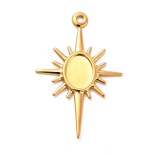 Honeyhandy Rack Plating Brass Pendant Cabochon Settings, Long-Lasting Plated, Sun, Golden, Tray: 8x5.5mm, 30x19.5x1mm, Hole: 1.5mm