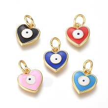 Honeyhandy Brass Enamel Pendants, Heart and Eye, Mixed Color, Golden, 13x12x2mm, Hole: 4mm