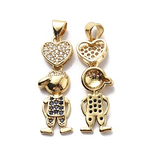 Honeyhandy Brass Cubic Zirconia Pendants, Boy & Heart Charm, Real 18K Gold Plated, 26.5x10.5x3.5mm, Hole: 3.5x4.5mm