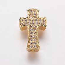 Honeyhandy Brass Cubic Zirconia Beads, Cross, Clear, Golden, 14x9x3.5mm, Hole: 1mm