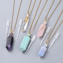 Honeyhandy Natural Gemstone Perfume Bottle Pendant Necklaces, with Stainless Steel Box Chain and Plastic Dropper, Hexagonal Prism, Golden, 27.4 inch~27.5 inch(69.5~69.9cm), Bottle Capacity: 0.15~0.3ml(0.005~0.01 fl. oz)