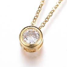 Honeyhandy 304 Stainless Steel Pendant Necklaces, with Cubic Zirconia, Flat Round, Clear, Golden, 17.7 inch(45.2cm)