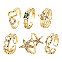 Honeyhandy 6Pcs 6 Styles Adjustable Brass Micro Pave Clear Cubic Zirconia Cuff Rings, Open Rings, Long-Lasting Plated, Curb Chain & Cable Chain & Heart & Cross & Starfish, Real 18K Gold Plated, Inner Diameter: 16~17mm, 1pc/style