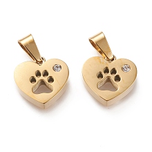 Honeyhandy Ion Plating(IP) 304 Stainless Steel Charms, with Rhinestone, Manual Polishing, Heart with Hollow Dog Footprint, Golden, 13.5x14x3.5~4mm, Hole: 3x7mm