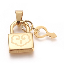 Honeyhandy 304 Stainless Steel Pendants,  Lock and Key, Golden, Lock: 19x12x3mm, Key: 11.5x6.5x0.5mm, Hole: 5x4mm.