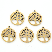 Honeyhandy 304 Stainless Steel Pendants, Laser Cut, Oval with Tree of Life, Golden, 15.5x14x1mm, Hole: 1.2mm