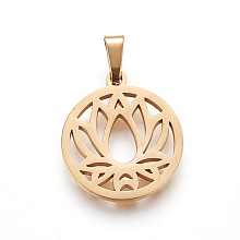 Honeyhandy 304 Stainless Steel Pendants, Ring with Lotus, Golden, 19~20x16~17x1.5mm, Hole: 5x2.5mm