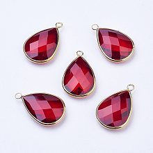 Honeyhandy Golden Tone Brass Glass Teardrop Pendants, Faceted, Dark Red, 18x10x5mm, Hole: 2mm