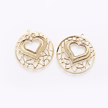 Honeyhandy Iron Filigree Pendants, Flat Round with Heart, Golden, 28x26x0.5mm, Hole: 1.2mm