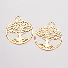 Honeyhandy Brass Filigree Pendants, Flat Round with Tree of Life, Golden, 23.5x20x0.5mm, Hole: 3mm