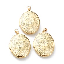 Honeyhandy Brass Locket Pendants, Photo Frame Pendants for Necklaces, Long-Lasting Plated, Oval with Flower, Real 18K Gold Plated, 33.5x23.5x6mm, Hole: 4x3mm, 23x16mm Inner Diameter