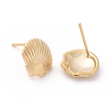 Honeyhandy Brass Stud Earring Findings, Shell, Real 18K Gold Plated, 11x11.5mm, Hole: 1.2mm, Pin: 0.7mm