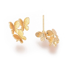 Honeyhandy Brass Stud Earring Findings, with Loop and 925 Sterling Silver Pins, Butterfly, Real 18K Gold Plated, 13.5x12mm, Hole: 1mm, Pin: 0.8mm