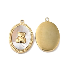 Honeyhandy Ion Plating(IP) 304 Stainless Steel Pendants, with White Shell, Oval with Bear Charm, Real 14K Gold Plated, 20.5x14x3mm, Hole: 1.6mm