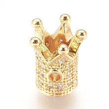 Honeyhandy Brass Micro Pave Cubic Zirconia Beads, Crown, Clear, Real 18K Gold Plated, 10x8mm, Hole: 1.4mm