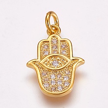 Honeyhandy Brass Micro Pave Cubic Zirconia Pendants, Hamsa Hand/Hand of Fatima/Hand of Miriam, with Eye, Golden, 17x12.5x2mm, Hole: 3mm