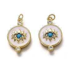 Honeyhandy Brass Micro Pave Clear & Deep Sky Blue Cubic Zirconia Pendants, Long-Lasting Plated, with Jump Rings & White Enamel, Flat Round with Eye, Real 18K Gold Plated, 20x13x2.1mm, Hole: 2.5mm