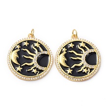 Honeyhandy Brass Clear Cubic Zirconia Enamel Pendants, with Jump Ring, Long-Lasting Plated, Real 18K Gold Plated, Lead Free & Cadmium Free, Flat Round with Sun and Moon Pattern, Black, 27x25x3mm, Jump Ring: 5x0.8mm, 3.5mm Inner Diameter